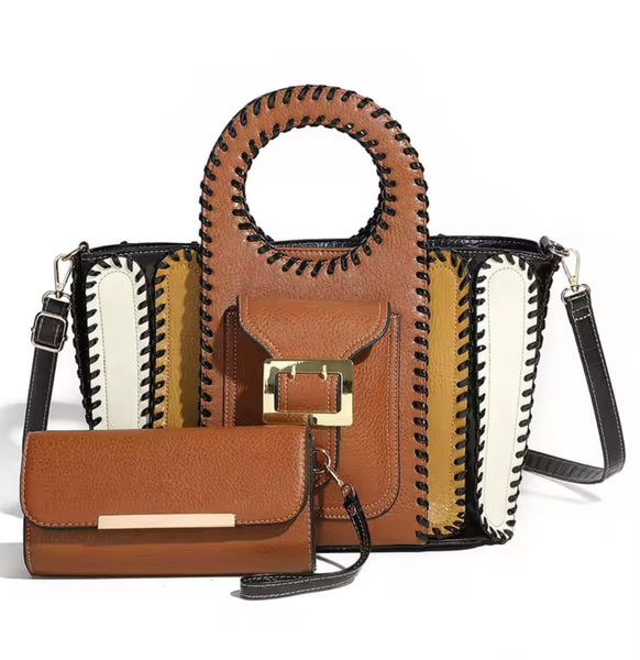 Women Fashion Color Patchwork Buckled Wallet Purse Set
