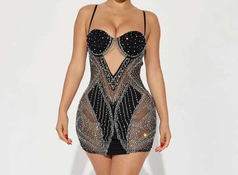 Women Sexy Bling Mesh Patchwork Sleeveless Dress