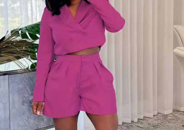 Women Color Button Up Full Sleeve Blazer Two Piece Short Set