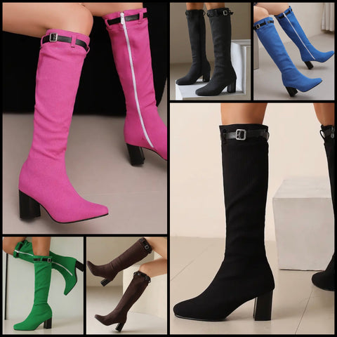 Women Fashion Color Buckled Zip Up Knee High Boots