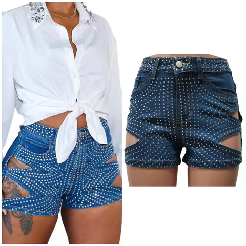 Women Fashion Rhinestone Cut Out Denim Shorts