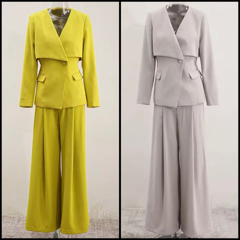 Women Fashion Solid Color Button Blazer Two Piece Pant Set