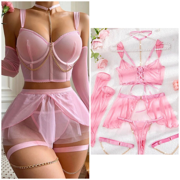 Women Sexy Pink Chain Mesh Lingerie Set