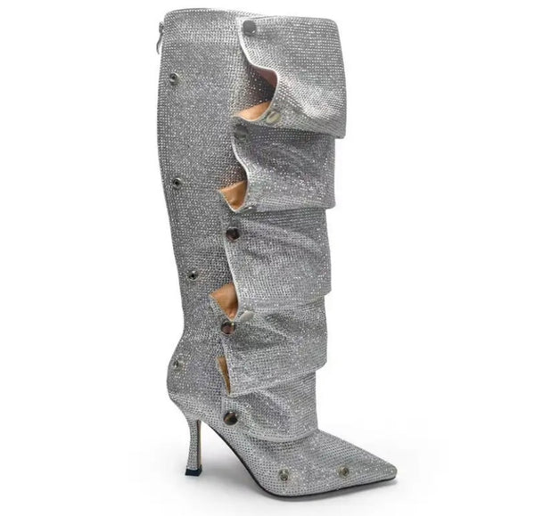 Women Fashion Pointed Toe Bling Button Knee High Boots