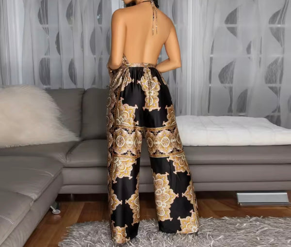 Women Sexy Printed Halter Sleeveless Open Back Two Piece Pant Set