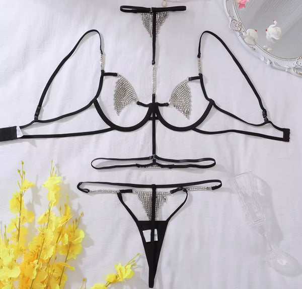Women Sexy Sleeveless Black Chain Cut Out Lingerie Set