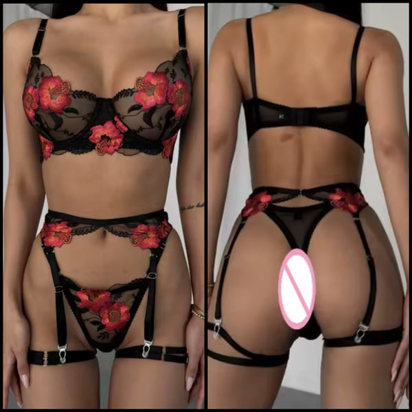 Women Black Sexy Red Floral Mesh Lingerie Set