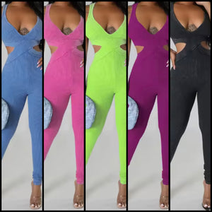 Women Sexy Sleeveless Color Cut Out Ribbed Jumpsuit