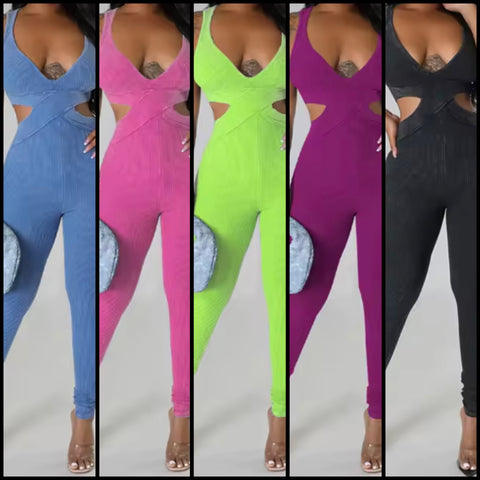 Women Sexy Sleeveless Color Cut Out Ribbed Jumpsuit