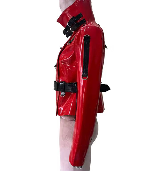 Women Fashion Red PU Leather Buckled Short Jacket