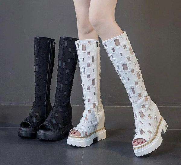 Women Open Toe Mesh Patchwork Fashion Platform Knee High Boots