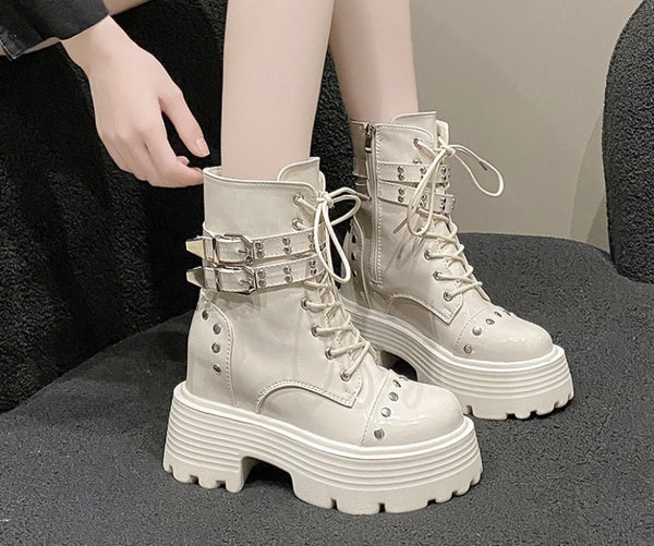 Women Fashion Platform Patent Leather Buckled Ankle Boots