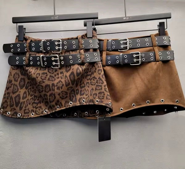 Women Fashion Rivet Double Belt Suede Skirt