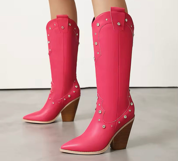 Women Fashion Bling Faux Leather Knee High Western Boots