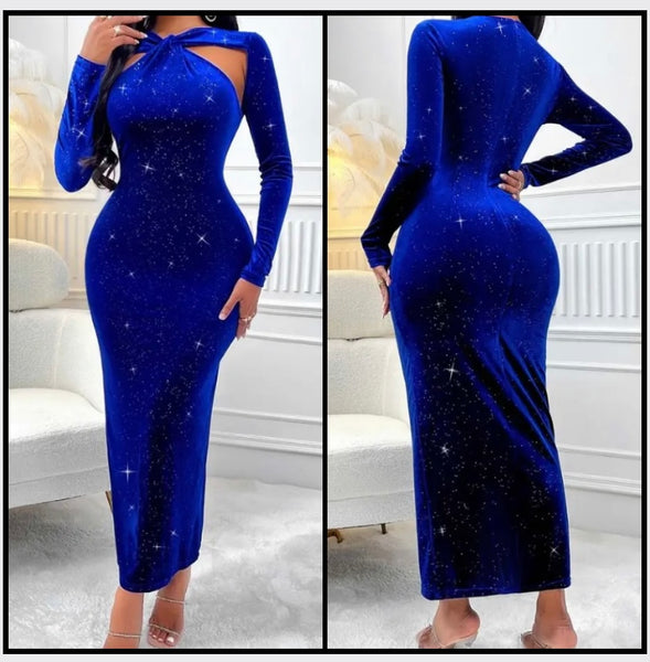 Women Sexy Blue Bling Cut Out Full Sleeve Velour Maxi Dress