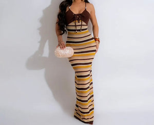 Women Sexy Sleeveless Colorful Striped Maxi Dress