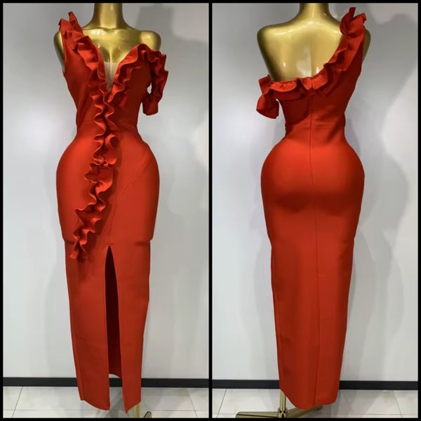 Women Red Ruffled One Shoulder Sleeveless Maxi Dress