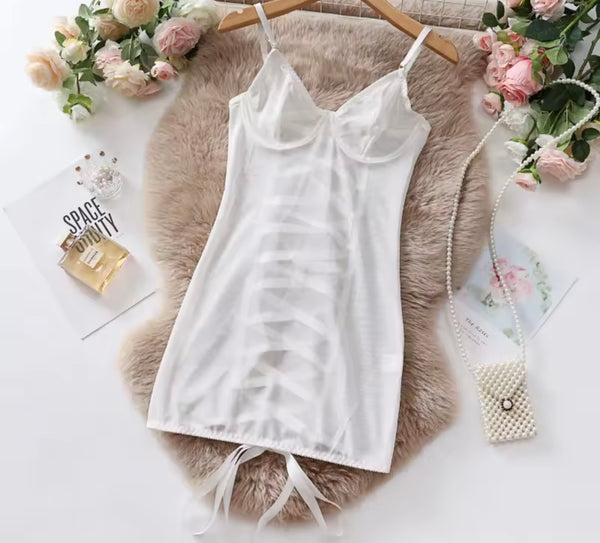 Women Sexy Sleeveless Open Back Lace Up Mesh Nightgown Lingerie