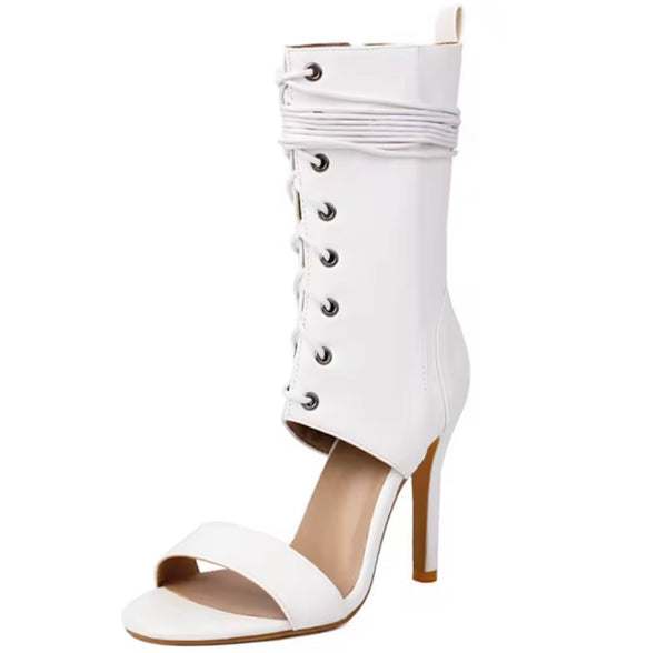 Women Color Open Toe Fashion Lace Up Ankle High Heel Boots