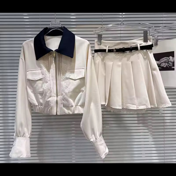Women Lace Patchwork Zip Up Jacket Two Piece Pleated Skirt Set