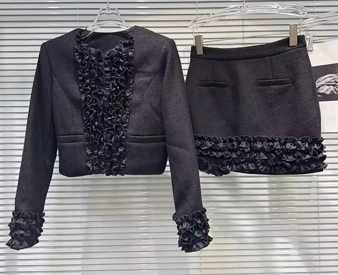 Women Black Floral Fashion Blazer Tweed Two Piece Skirt Set