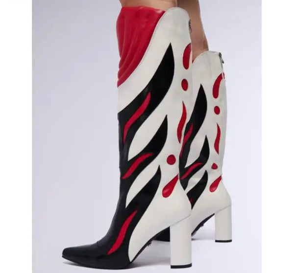 Women Color Patchwork Printed Fashion Faux Leather Knee High Boots
