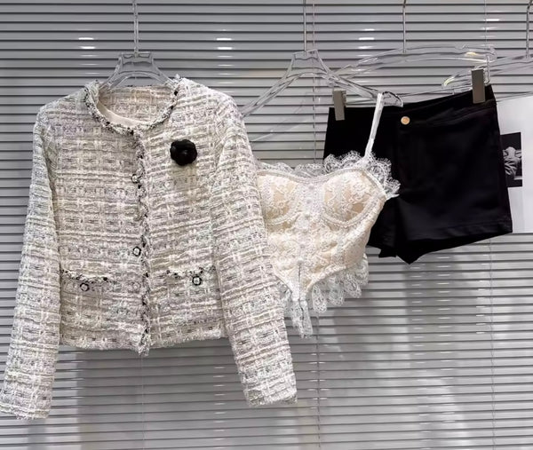 Women Fashion Tweed Blazer Three Piece Short Set