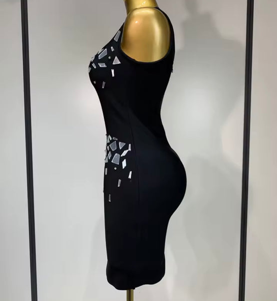 Women Black Sexy Sleeveless Mirror Back Zipper Dress