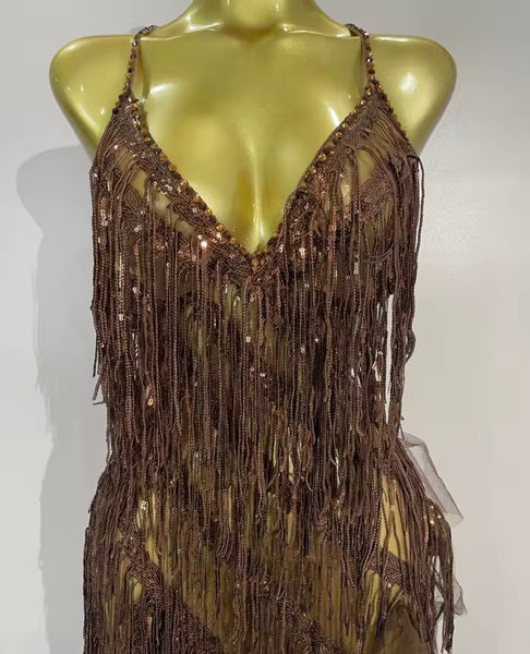 Women Halter Sleeveless Ruffle Rhinestone Tassel Maxi Dress