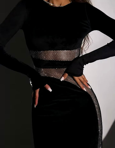 Women Sexy Black Bling Mesh Patchwork Maxi Dress
