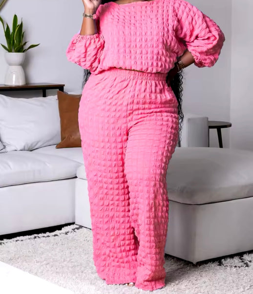 Women Fashion Solid Color Full Sleeve Plus Size Two Piece Pant Set