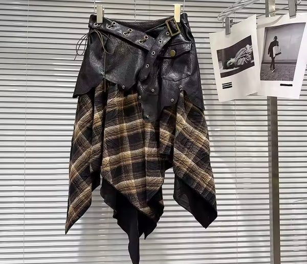Women Faux Leather Plaid Belted Fashion Skirt