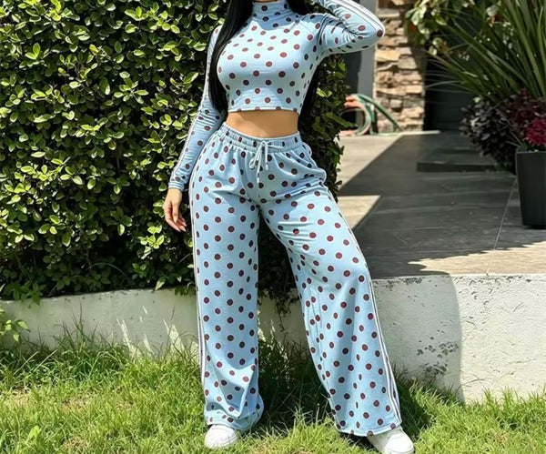 Women Polka Dot Turtleneck Full Sleeve Two Piece Pant Set