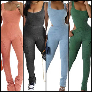 Women Sexy Sleeveless Ribbed Bodysuit Two Piece Pant Set