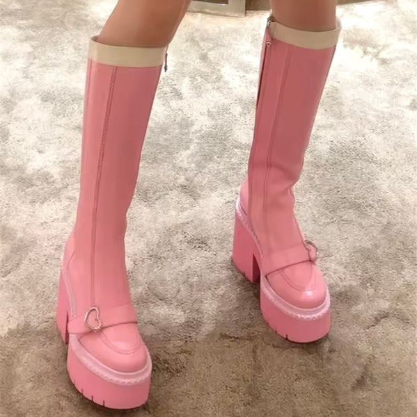 Women Fashion Pink Buckled Platform Zip Up Knee High Boots