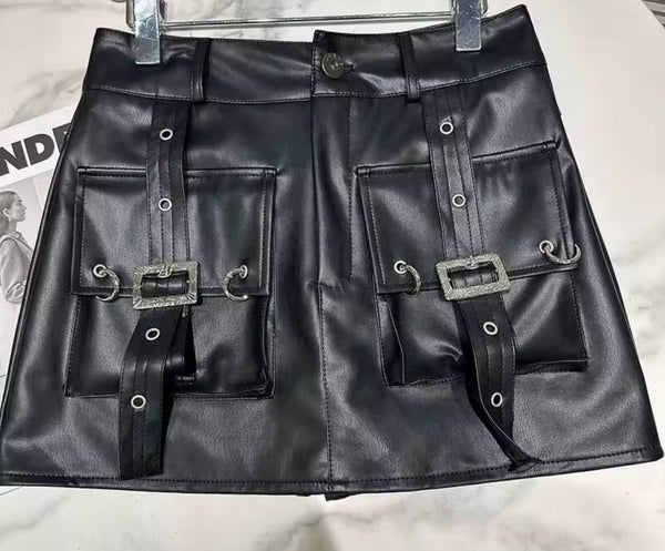 Women Sexy Fashion Black Buckled Faux Leather Skirt