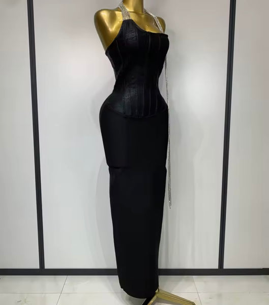 Women Sexy Black Rhinestone Chain Sleeveless Maxi Dress