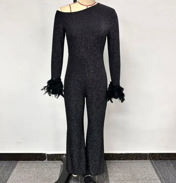 Women Sexy Black Feather Full Sleeve Sparkly Jumpsuit