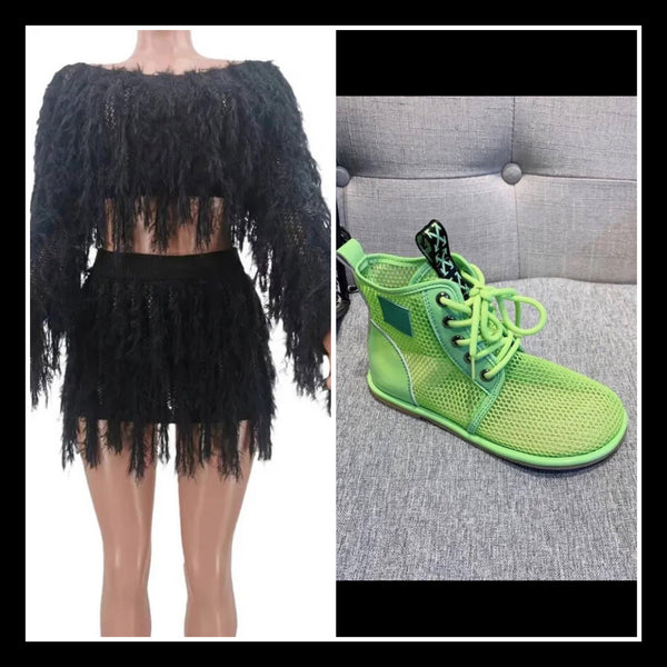 Women Sexy Fringe Full Sleeve Two Piece Skirt Set