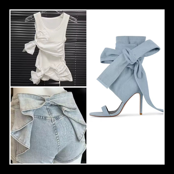 Women Fashion Denim Open Toe Bow High Heel Ankle Boots