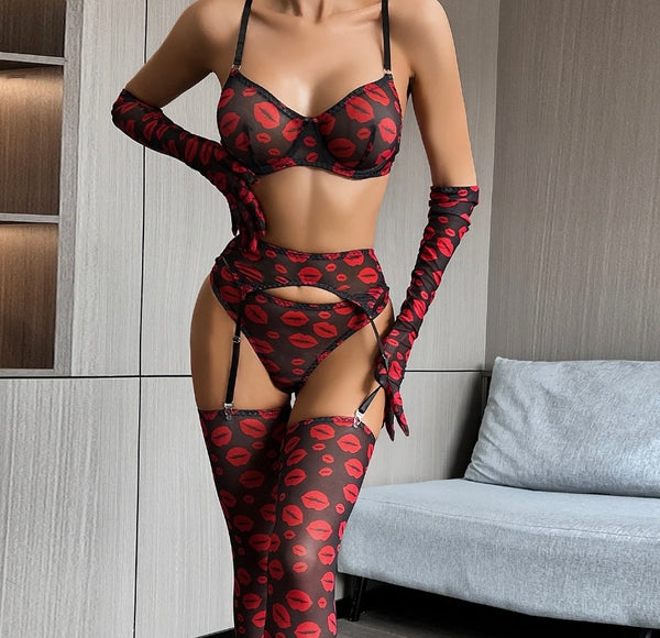 Women Sexy Mesh Glove Stockings Lingerie Set