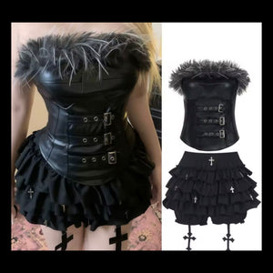 Women Black Feather Buckled Strapless Two Piece Ruffled Skirt Set