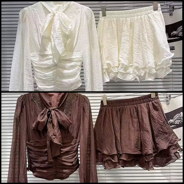 Women Tie Up Bow Ruched Full Sleeve Two Piece Ruffle Skirt Set