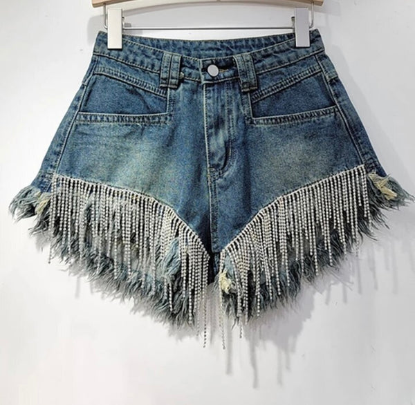 Women Fashion Color Rhinestone Tassel Denim Shorts