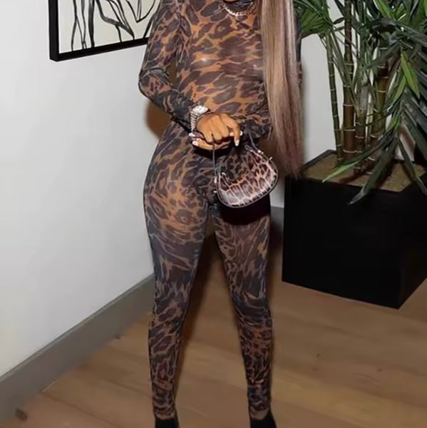 Women Sexy Fashion Leopard Print See Through Jumpsuit