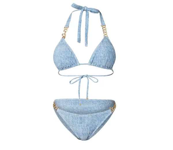 Women Sexy Blue Chain Bikini/Swimsuit Cover Up Set