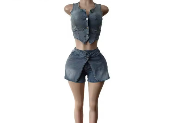 Women Fashion Denim Button Up Sleeveless Two Piece Wrap Short Set