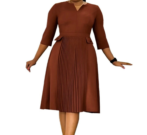 Women Solid Color Full Sleeve Pleated Dress