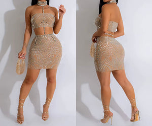 Women Sexy Choker Sleeveless Bling Mesh Two Piece Skirt Set