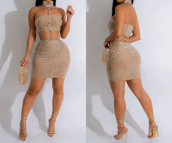 Women Sexy Choker Sleeveless Bling Mesh Two Piece Skirt Set